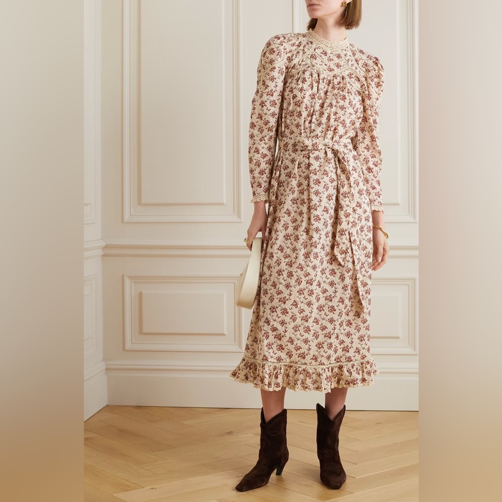 DÔEN Gabrielle lace-trimmed pintucked floral-print cotton-voile maxi dress NWT